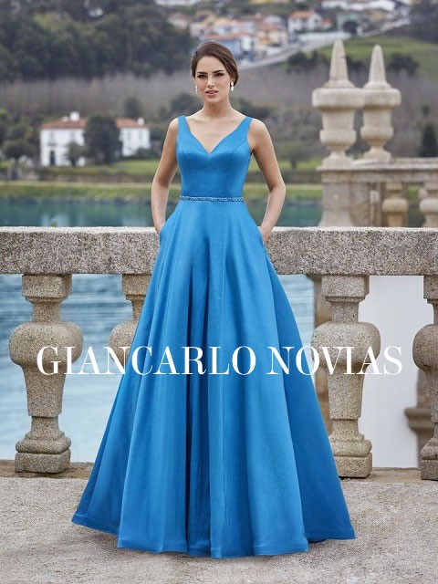 Giancarlo Novias vestido de fiesta con bolsillos falda corte A cenida a la cintura y elegante escote de pico